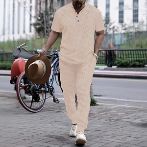 Men's casual two-piece set featuring 3D geometric texture print short sleeve and pants