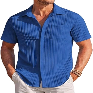 Men's casual royal blue cotton linen short sleeve shirt with vertical stripes and pocket