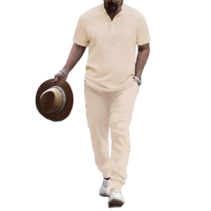 Men's casual cream two-piece set featuring short sleeve polo shirt and matching trousers