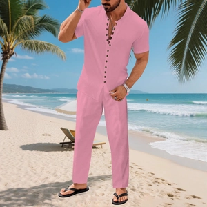 Set da spiaggia due pezzi in cotone rosa con camicia a maniche corte e pantaloni lunghi