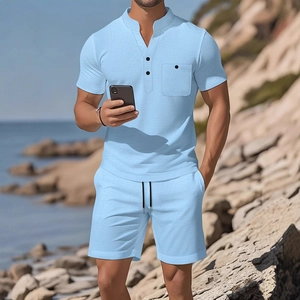 Light blue men's summer knit set with V-neck Henley shirt and drawstring beach shorts