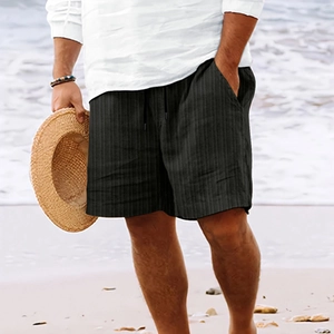 Detail of men's black jacquard striped summer shorts with drawstring elastic waistband