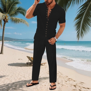 Set casual da uomo in due pezzi in cotone e lino nero con camicia e pantaloni lunghi