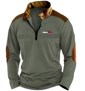 Detail of olive green long sleeve polo sweatshirt with brown patches and zip neck