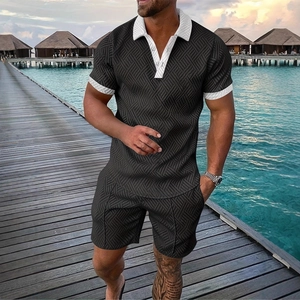 Men's summer 3D knit polo shirt and shorts set with white trim in a tropical resort setting