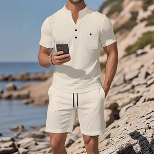 Men's beige summer two-piece linen set with short sleeve Henley shirt and drawstring shorts