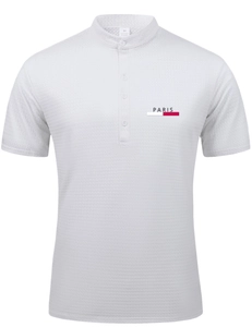 Detail of white mesh Polo shirt featuring Mandarin collar and PARIS flag chest print