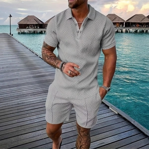 Summer men's 3D knit texture polo shirt and shorts set in light grey beach resort style