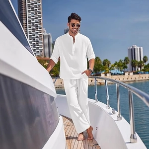 Ensemble Homme Décontracté en Lin Coton Chemise Henley Manches Longues Et Pantalon Haut Et Bas Respirant Tenue De Vacances