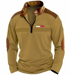 Detailed view of the khaki waffle knit texture and 1/4 zipper collar on the polo shirt