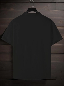 Close-up back view of a men's black short-sleeve shirt with a small stand-up collar texture