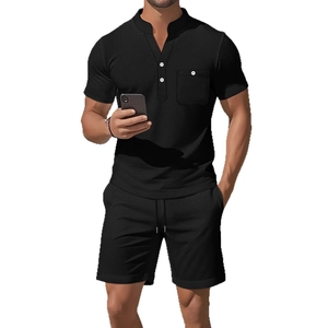 Men's summer casual black linen-textured two-piece set with Henley V-neck and shorts