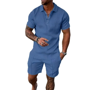 Men's summer blue short sleeve 3D textured polo shirt and matching shorts set