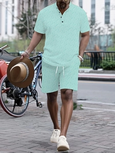 Men casual summer short sleeve shirt and shorts set with mint green geometric pattern