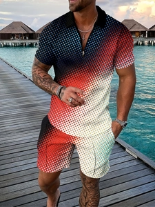Close-up of men's summer polo set featuring 3D gradient dot pattern and half-zip neck