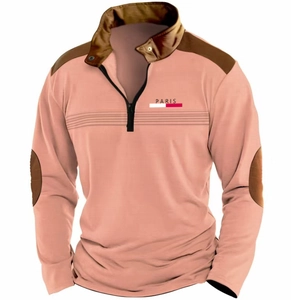 Detail of men's polo sweatshirt with half-zip collar, Paris print and elbow patches