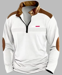 Close-up of white waffle texture fabric with contrast brown stitching and zip collar detail