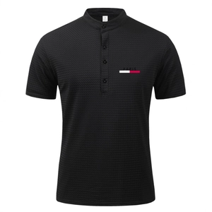 Men's black mesh ice silk polo shirt with stand collar and Paris graphic print
