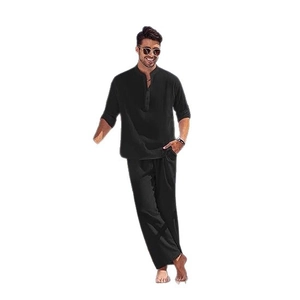 Ensemble décontracté en coton et lin pour homme avec chemise Henley et pantalon large