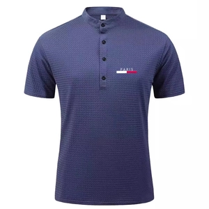 Men's dark blue waffle knit short sleeve Henley shirt with a stylish standing collar
