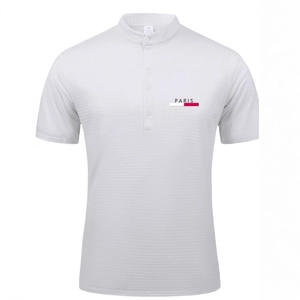 Men's white mesh ice silk polo shirt with mandarin collar and Paris chest print