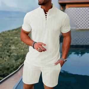 Men's summer beige Henley short sleeve shirt and shorts set with vertical ribbed texture