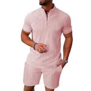 Men's summer casual two-piece set featuring textured vertical pleats and Henley collar