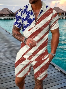 Detail view of men's polo set with distressed American flag print and zip collar