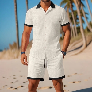 Men's summer casual short sleeve shirt and shorts set with geometric texture and trim