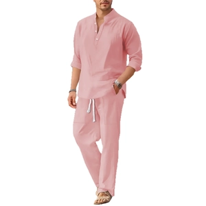 Men's pink linen casual set with mandarin collar shirt and drawstring beach trousers