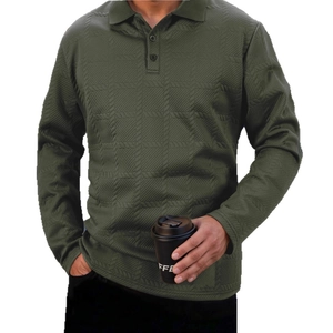 Men's long sleeve Polo shirt in olive green with textured jacquard weave and buttoned collar
