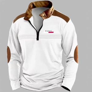 Men's white long sleeve Polo shirt with brown patchwork and Paris graphic print