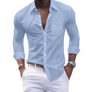 Men's blue and white gingham button-down shirt with long sleeves and a chest pocket