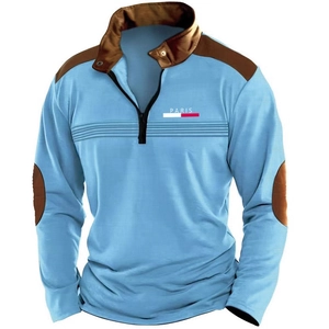 Men's light blue long sleeve polo shirt with brown patches and Paris logo print
