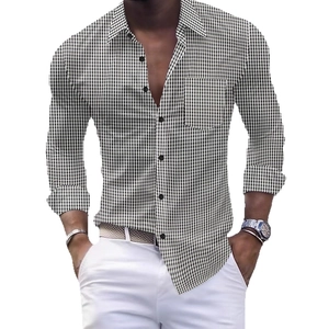 Men's classic black and white checkered long sleeve casual business shirt with chest pocket