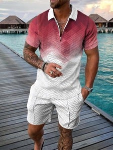 Detail of red and white 3D geometric print summer polo set in tropical resort setting