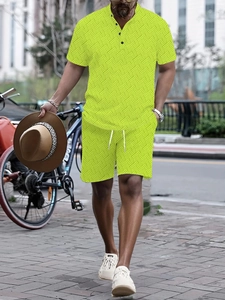 Close-up of fluorescent green polo and shorts set with detailed geometric woven texture