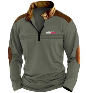 Men's olive green long sleeve zip polo sweatshirt with Paris print and shoulder patches