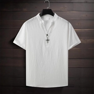 Men's white short sleeve shirt with mandarin collar and half-button closure on a hanger