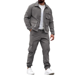 Men's retro cargo jacket and multi-pocket jogger pants set in dark grey outdoor style