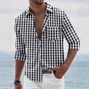 Men's casual long sleeve shirt with black and white gingham pattern and front chest pocket