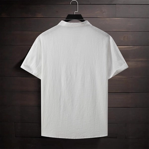 Men's white cotton short sleeve shirt with stand collar and natural fabric texture
