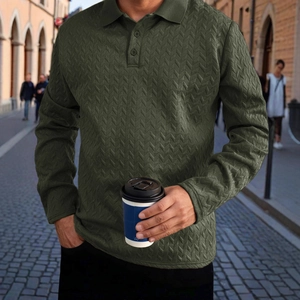 Polo da uomo a maniche lunghe verde scuro con trama a nido d'ape e tre bottoni