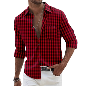 Classic red and black buffalo check long sleeve men's casual shirt with chest pocket