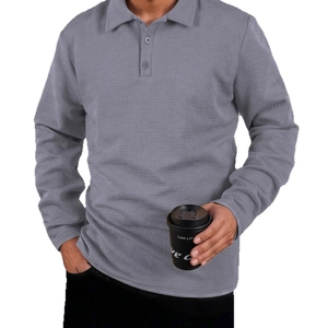Men's long sleeve polo shirt in grey with textured jacquard knit and buttoned collar