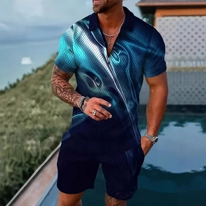 Men Top And Bottom 3D Printed Short Sleeve Polo Shirt Zipper Lapel Casual Vacation Outfit For Beach Summer
