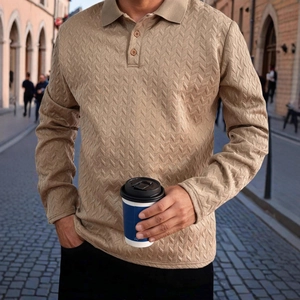 Polo da uomo a maniche lunghe beige con trama a spina di pesce, stile casual business