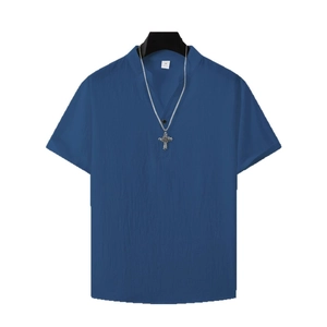 Men's navy blue cotton short sleeve shirt with v-neck henley collar and silver necklace