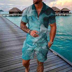 Men's summer 2-piece set with 3D print polo shirt and shorts by a tropical resort