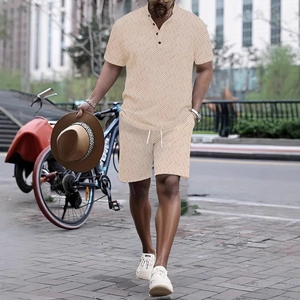 Men Casual Cotton Blend Shirt And Shorts Set Geometric Texture Henley Neck Short Sleeve Top Shorts Beach Vacation Outfit